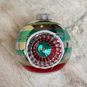 Radko Shiny Brite Glitter Striped Ornament Indent Ball Pink red Teal blue jumbo
